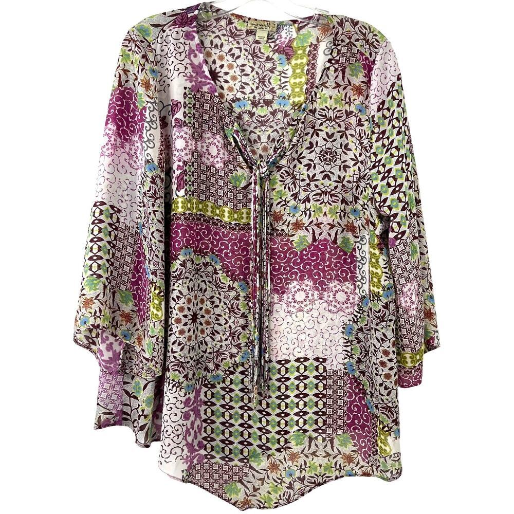 OneWorld Womens Blouse Floral Sheer Whimsical Long Sleeves Colorful Plus Size 1X